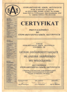 Certyfikat dla V LO:  „Piątka” — szkoła aktywna