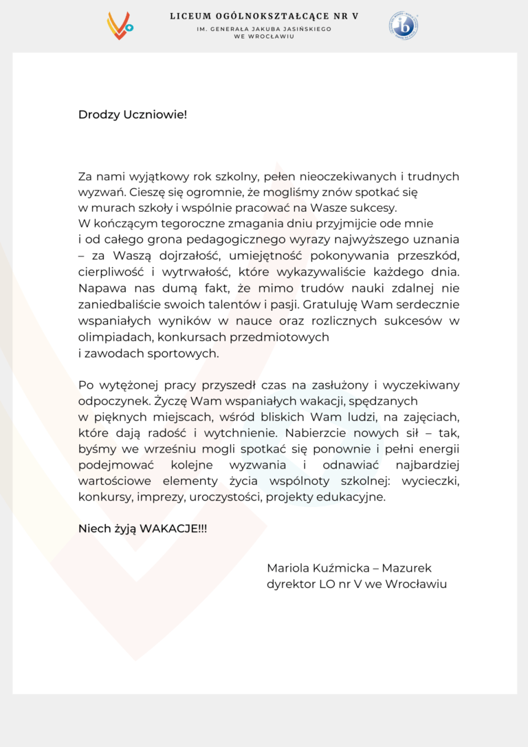 List Wychowawcy Do Ucznia Na Koniec Roku Zakończenie roku – List do uczniów – V Liceum Ogólnokształcące we Wrocławiu